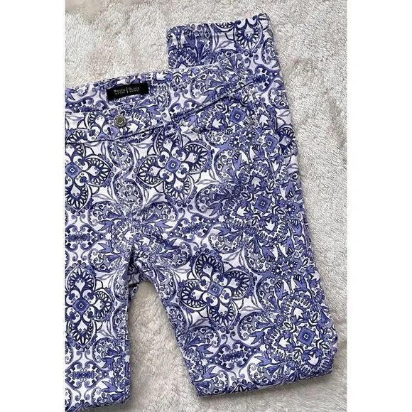 White House Black Market Majorelle Blue &amp; White Santorini Print Slim Ankle Jeans