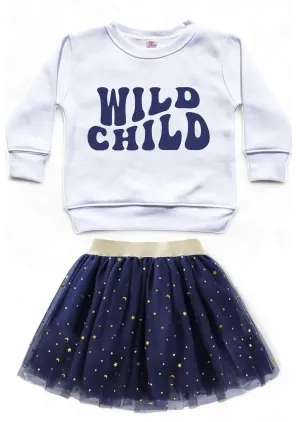 Wild Child Crewneck Navy Tutu Set