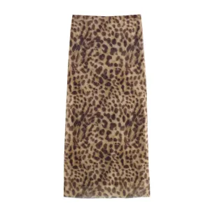 Women Leopard Tulle Midi Skirt  High Waist Elasticated Waistband Long Skirts Streetwear