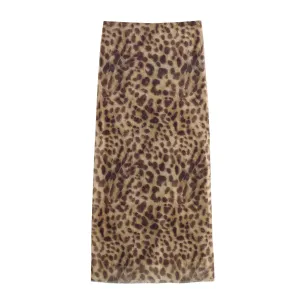 Women Leopard Tulle Midi Skirt  High Waist Elasticated Waistband Long Skirts Streetwear