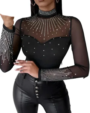 Women Sexy Solid Long Sleeves Contrast Mesh Patch Rhinestone Decor Bodysuits