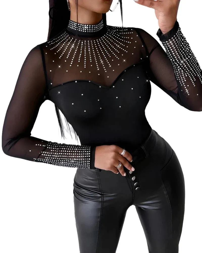 Women Sexy Solid Long Sleeves Contrast Mesh Patch Rhinestone Decor Bodysuits
