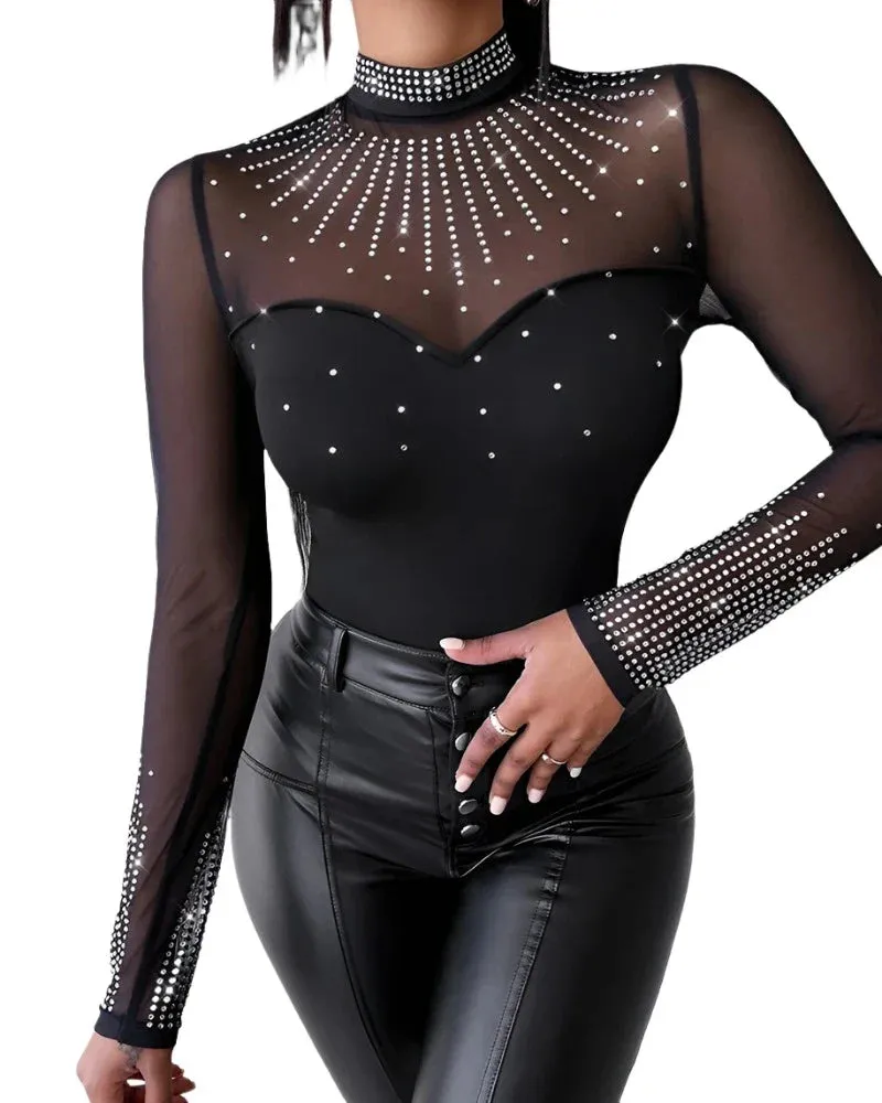 Women Sexy Solid Long Sleeves Contrast Mesh Patch Rhinestone Decor Bodysuits