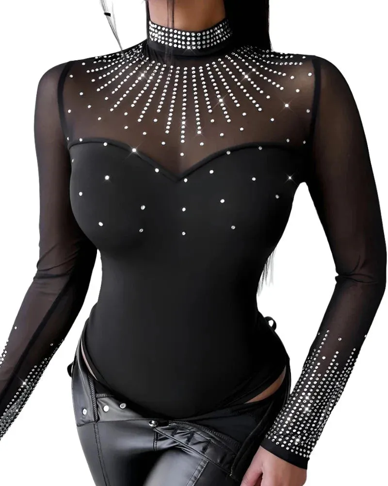 Women Sexy Solid Long Sleeves Contrast Mesh Patch Rhinestone Decor Bodysuits