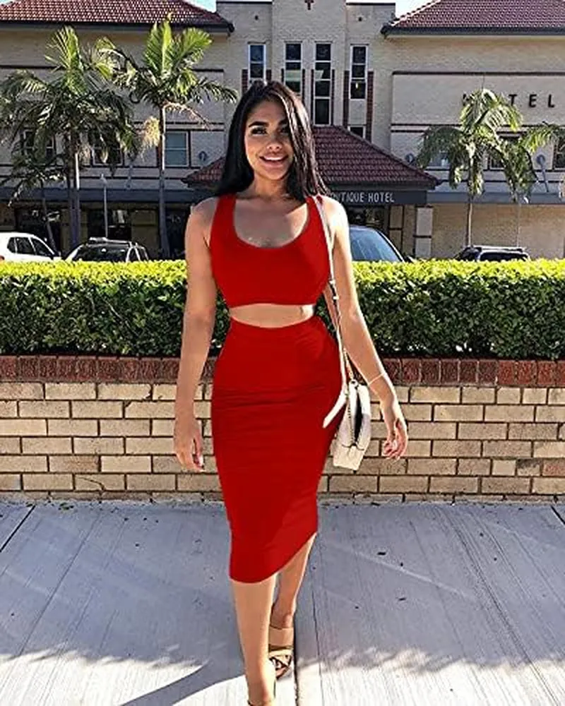 Women'S Sexy Summer Outfits Bodycon Tank Top Midi Skirt 2 Piece Dress
