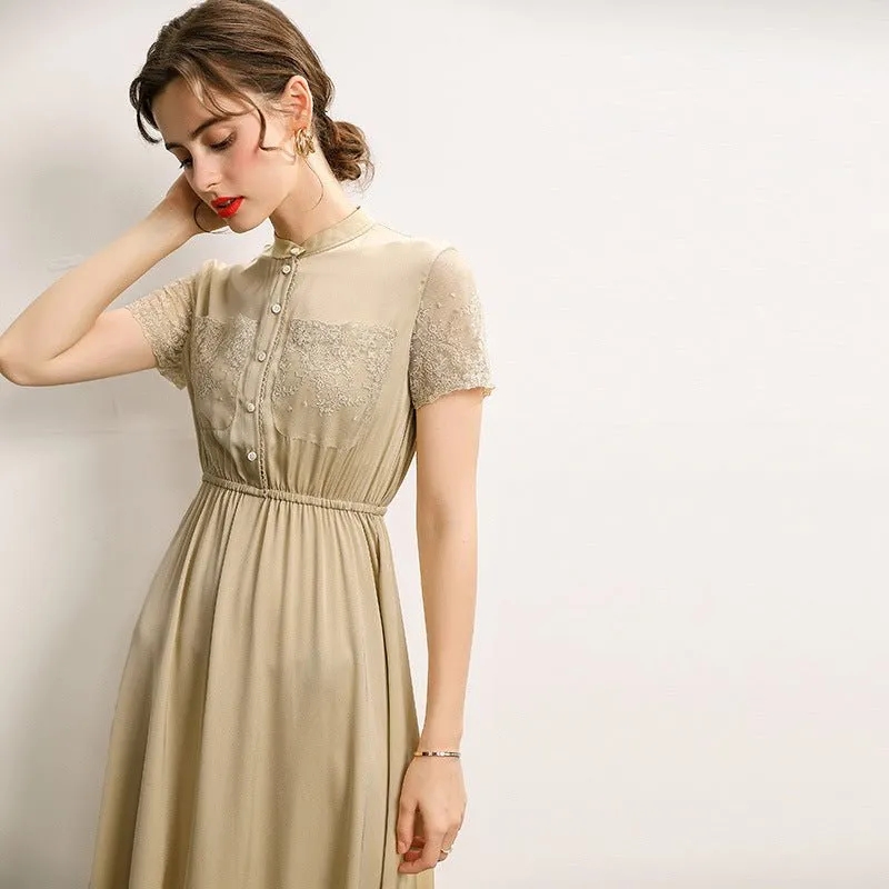 Womens Silk Midi Dress Lace Panel Bodice Short Silk Dress