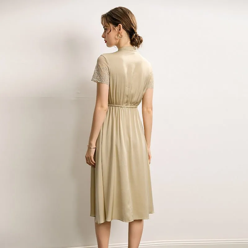 Womens Silk Midi Dress Lace Panel Bodice Short Silk Dress