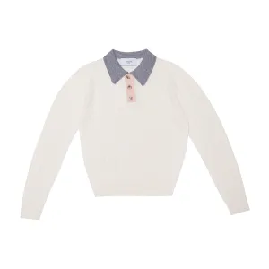 Wool Seamless Knit Poloshirt, White and Grey